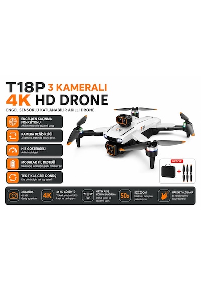 T18p Dron 4k Hd Hava Fotorafçılığı 3 Lens Usb Kart Okuyucu+kafıza Kartı Hediye Tek Tuş İniş Kalkış Ekranlı Kumanda Fırçasız Motor Havada Sabit Kalma 360 Derece Engel Algılama Elektirikli Kamera