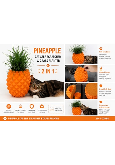 Ananas Tasarımlı Kedi Kaşınma Aparatı Ve Kedi Otu Saksısı 2 Si 1 Arada Turuncu