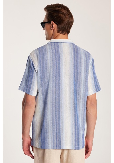 Tudors Relax Fit Oversize Dökümlü Rahat Kalıp Çizgili Keten Efekt Erkek Gömlek-33898 Çok Renkli