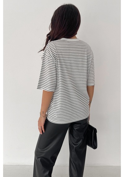 Noa & Noa Kadın Oversize Çizgili Tişört Monochrome Ease Beyaz