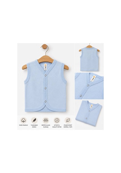 Havuç Hvc Bebek Yelek %100 Pamuklu Lüks Kompakt Penye Ekru Yelek Mavi