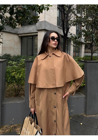 Laluvia Camel Çıkarılabilir Kapüşon Detaylı Pelerinli Trençkot - 85179 Camel