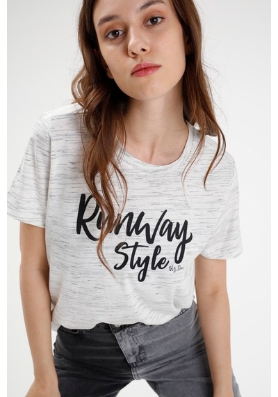 Brz Collection Ekru Renk Siyah Kırçıllı Kadın Kısa Kollu T-Shirt Ekru