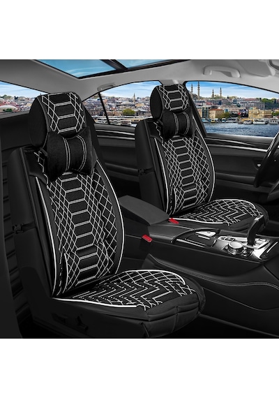 Volkswagen Amarok Uyumlu Lüks Deri Oto Koltuk Kılıfı Ön Arka Takım Set Siyah Beyaz Fs