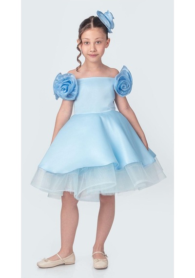 Mnk Baby & Kids Fanari Krep Saten Gren Destekli Kız Abiye M00735 Mavi