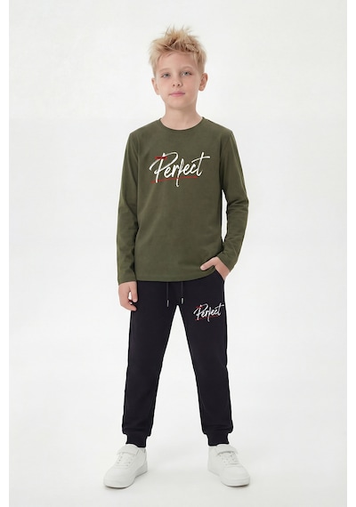 Panios Kids Yuvarlak Yaka Sweatshirt Paça Lastikli Eşofman Alt Baskılı Uzun Kollu Erkek Çocuk Alt Üst Takım Haki