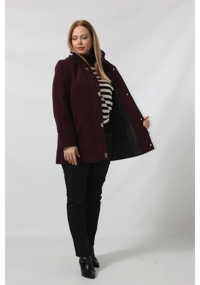 Moda Berray Önü Fermuarlı Ve Düğme Detaylı Kapüşonlu Kaşe Kaban Bordo