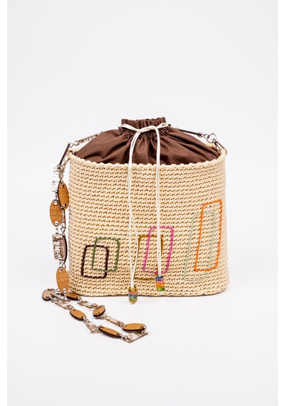 Fabric Craft Bag Örgü Omuz Çantası Metal Zincir Askılı Astarlı Boho Bej - Sütlü Kahve