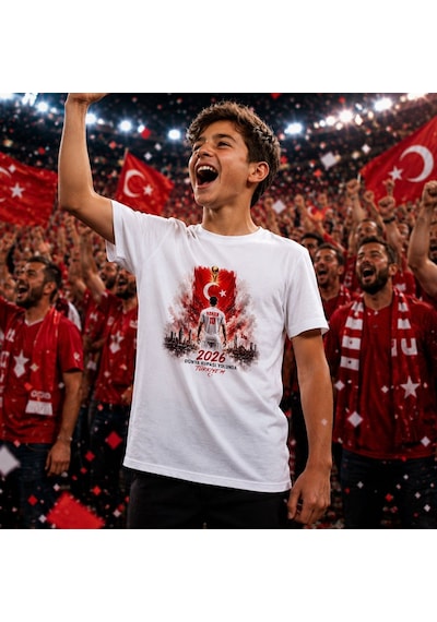 Bk Gift Kişiye Özel Türkiye Taraftar Temalı 2026 Dünya Kupası Tasarımlı Çocuk Tişört-3, Tek Yürek Milli Takım Ruhu Beyaz