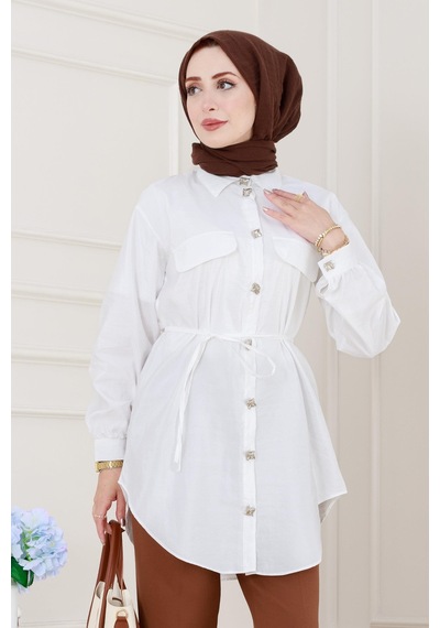 Sevitli Cep Kapaklı Beli Bağcıklı Tunik-beyaz-5153 Beyaz