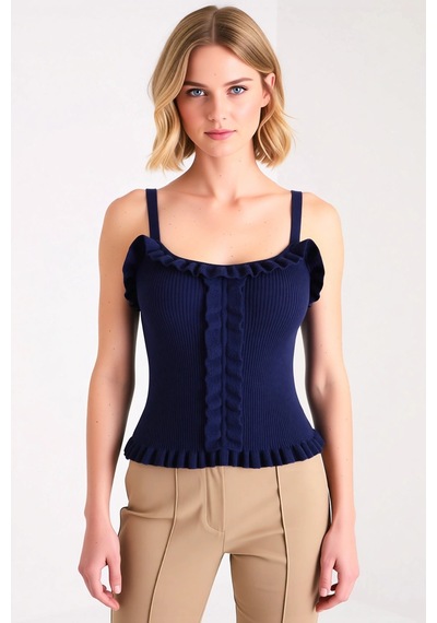 Benerly Kadın Bluz Crop Havuz Yaka Kolsuz Fitted Kesim İnce Triko Düz Des Lacivert