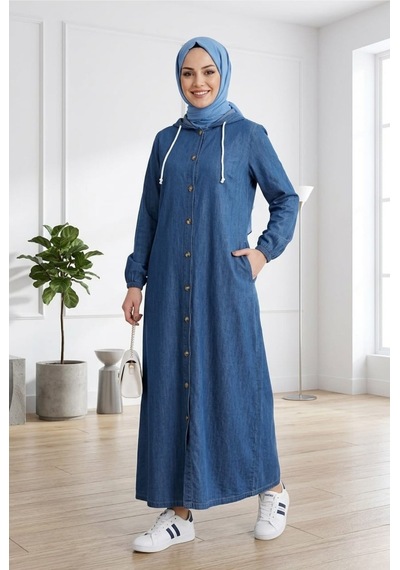 Hb Harma Time Butik Kadın Kapüşonlu Düğmeli Koyu Mavi Kot Elbise Koyu Mavi Koyu Mavi