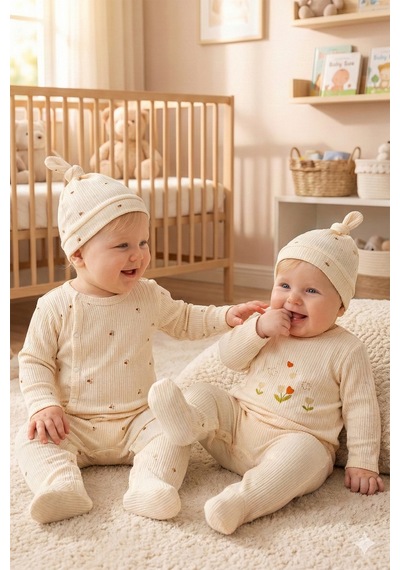 Babymod Çiçek Desenli Şapkalı 2'li Pamuklu Kız Bebek Tulum Set Ekru