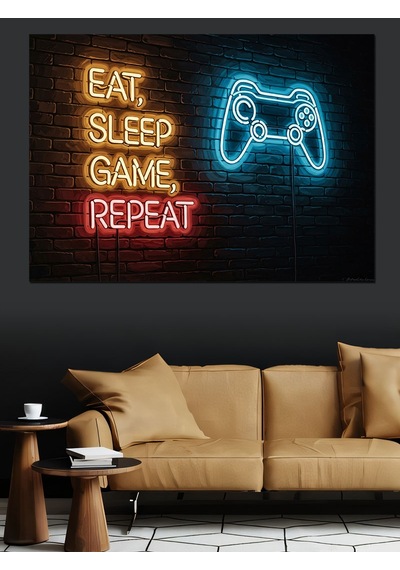 Ahşap Tablo Eat Sleep Game Repeat Neon Yazı