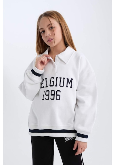 DeFacto Kız Çocuk Oversize Geniş Kalıp Polo Yaka Baskılı İçi Yumuşak Tüylü Sweatshirt D3497A824WNWT34 Beyaz