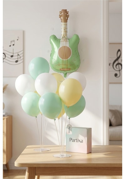 Retro Mat Yeşil Gitar Balon Stand Seti Şeffaf 7 Li Stand + Retro Mat Yeşil Gitar Folyo Balon + 7 Lateks Balon
