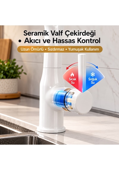 Alfas Çekmeli Mutfak Bataryası Pirinç Gövde 360 Döner 2 Fonksiyonlu Spiralli Eviye Bataryası Beyaz