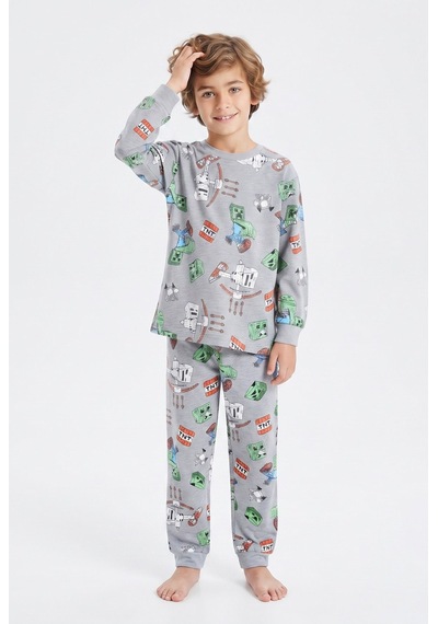 Bunny Hopp Erkek Çocuk Uzun Kollu Pijama Takımı %100 Pamuk Piksel Blok Desenli Penye Gri
