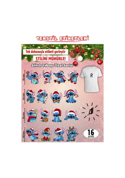 Ütü İle Yapışan Kıyafet Etiketi Stitch Yılbaşı Özel Seri 16lı Set Karışık