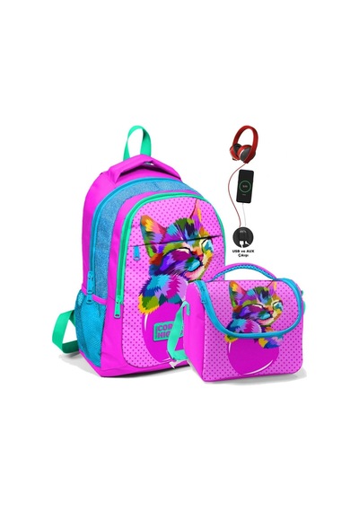 Coral High Kız Çocuk Pembe Sevimli Kedi İlk Ve Orta Okul Ve Beslenme Çantası Seti Usb Soketli