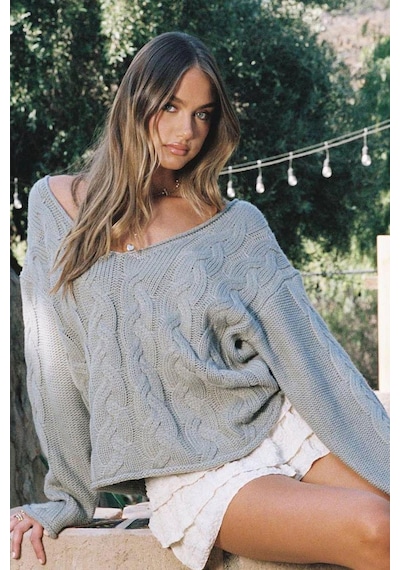 Madmext Gri V Yaka Örgü Desen Oversize Kadın Kazak Mg2519 Gri