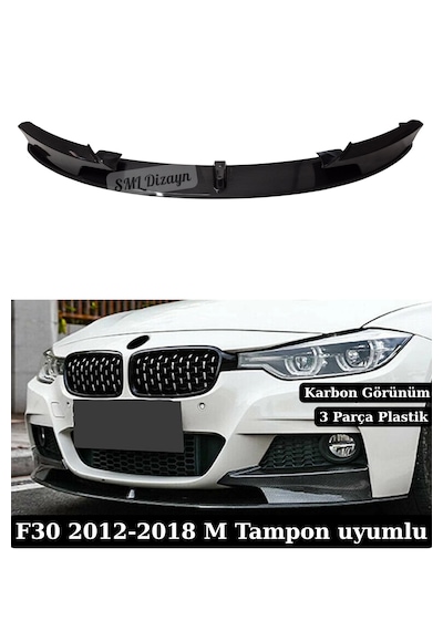 Bmw F30 Karbon Ön Lip Ek 2012-2018 3 Parça Plastik M Tampon Uyumlu
