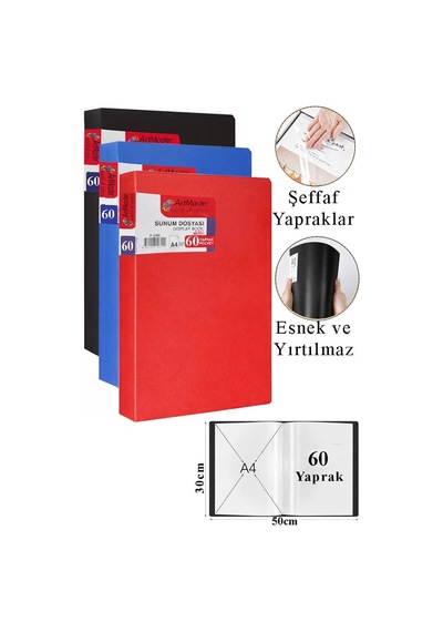 Kırmızı Siyah Mavi Sunum Dosyası 60 Lı 3 Adet Poşet Dosyalı Katalog Dosyası 60 Poşetli Kendinden Dosya Plastik Kapaklı Çok Renkli