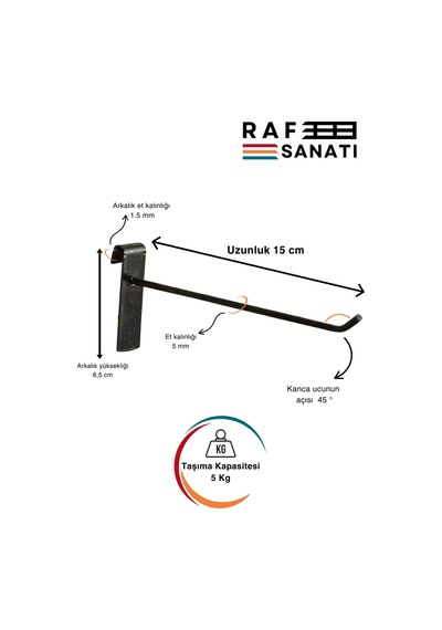 Siyah Tel Pano Kancası 15 Cm - Askı Kanca Raf Askısı Raf Aksesuar Siyah