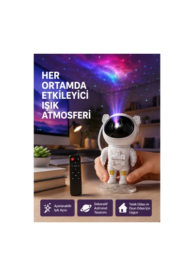 Astronot Yıldız Projeksiyon Lambası 8 Efektli Uzaktan Kumandalı Gece Işığı Sarı Sarı