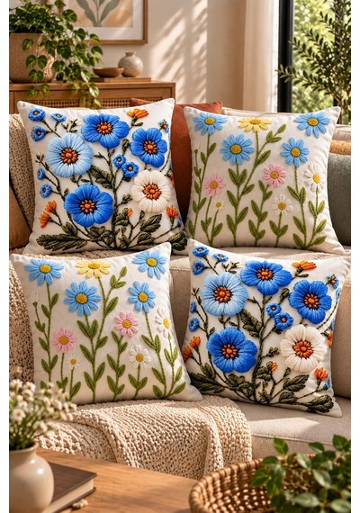 4'lü Set Çiçekli Dekoratif Kırlent Kılıfı 43x43 Cm, 3d Efektli Dijital Baskı - Mavi Çiçek Bahçesi Çok Renkli