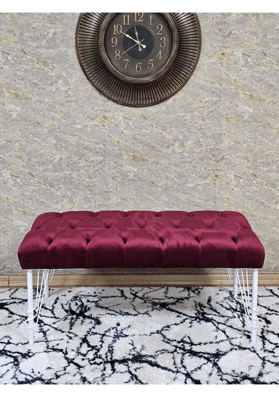Zafir Beyaz Boyalı Tel Ayaklı 90 Cm Puf Bench - Puf - Bench - Kasalı Oturak - Oturak - Yatak Ucu Puf Bordo