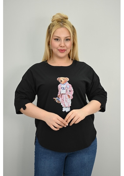 Koza Butik Kadın Büyük Beden Kısa Kollu Taş Detaylı Ayı Baskılı Oversize T-shirt 1926-25 siyah Koza Butik Kadın Büyük Beden Kısa Kollu Taş Detaylı Ayı Baskılı Oversize T-shirt 1926-25 siyah