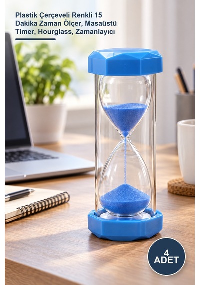 4 Adet Kum Saati Plastik Çerçeveli Renkli 15 Dakika Zaman Ölçer, Masaüstü Timer, Hourglass, Zamanlayıcı