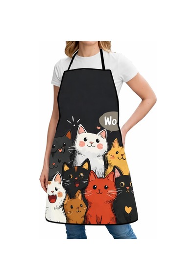 Valkyrie Kedi Desenli Mutfak Önlüğü Cepli Ayarlanabilir Askılı Unisex Mutfak Temizlik Önlüğü Siyah