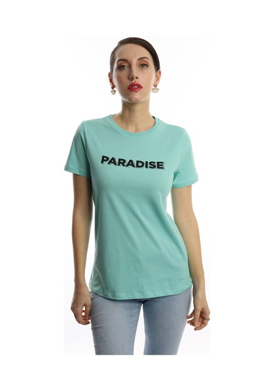 Kadın Paradise Baskılı Bisiklet Yaka Tişört Turkuaz Kadın Paradise Baskılı Bisiklet Yaka Tişört Turkuaz