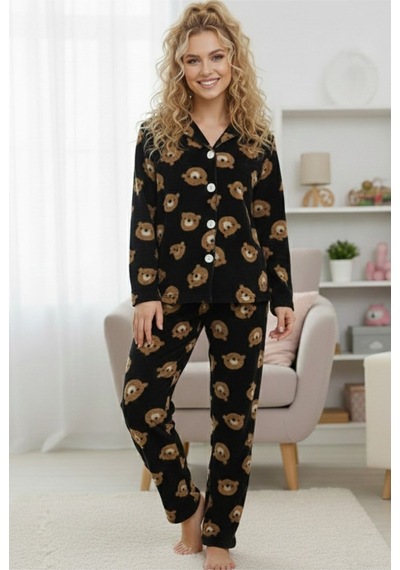 Siyah İnci Düğmeli Wellsoft Pijama Takım 7922 Siyah
