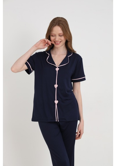 Bamboo Örme Kalp Nakışlı Kadın Pijama Takımı Lacivert