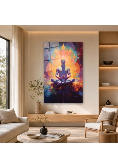 Renkli Aurada Lotus Meditasyonu Çerçevesiz Cam Tablo