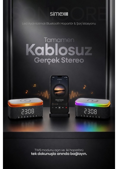 15w Kablosuz Şarj Standlı Bluetooth Hoparlör Yüksek Sesli Tws Ledli Speaker Taşınabilir Dijital Saat