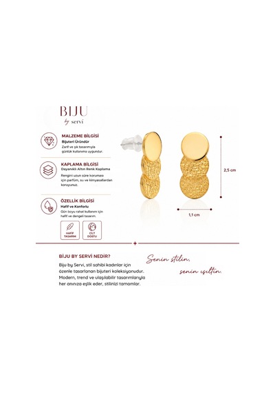 Biju By Servi Solis Geometrik Üçlü Yuvarlak Dokulu Altın Renk Küpe-275 Gold