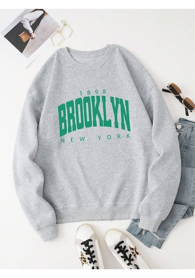 1898 Brooklyn Sweatshirt - Gri Baskılı Oversize Bisiklet Yaka Gri