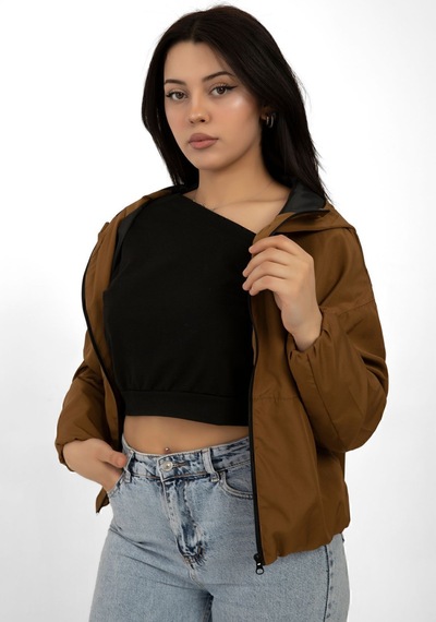 Kadın Taba Kapüşonlu Su Ve Rüzgar Geçirmez Cepli İçi Astarlı Oversize Yağmurluk Taba