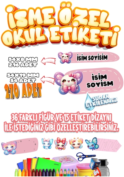 Okul Etiketi Kalem Defter Etiketi İsme Özel Etiket Set03