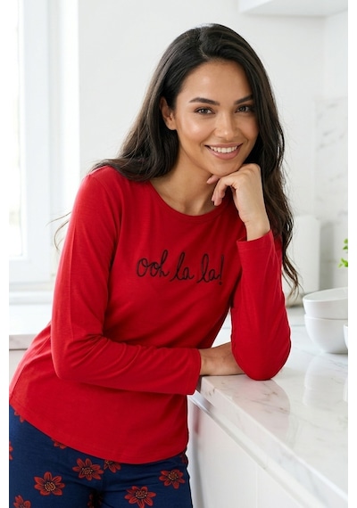 Mataş Kadın Desenli Bambu Viskon Uzun Kollu Soft Örme Mevsimlik Yumuşak Pijama Takımı Kırmızı