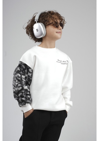 King-Brich Kingbrich Kids Bisiklet Yaka Kolu Garnili Baskılı Çocuk Sweatshirt Ekru