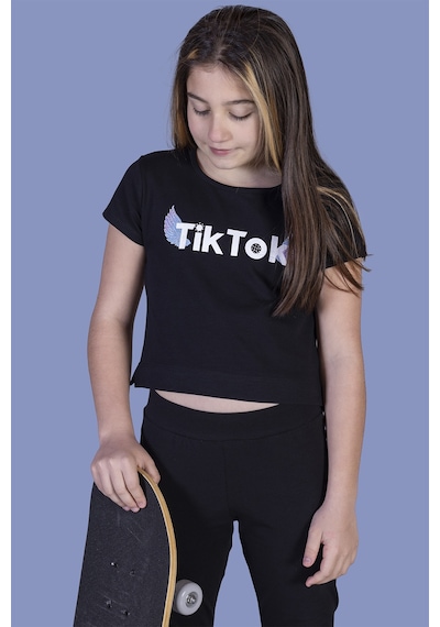 Toontoy Kids Toontoy Kız Çocuk Ön Arka Tiktok Baskılı Tişört Siyah