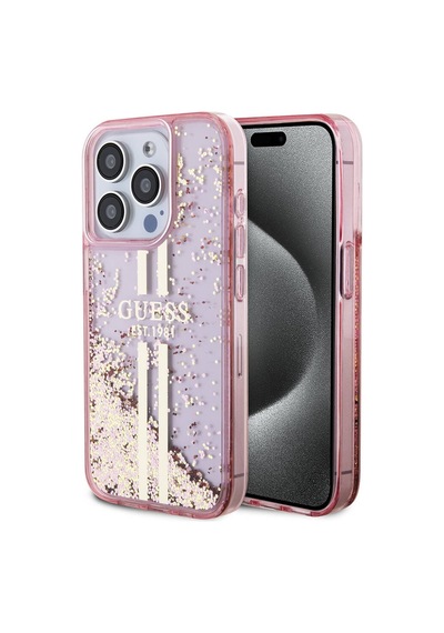 Apple Uyumlu iPhone 15 Pro Kılıf Guess Lisanslı Transparan Sıvılı Simli Altın Çizgili Kapak Pembe
