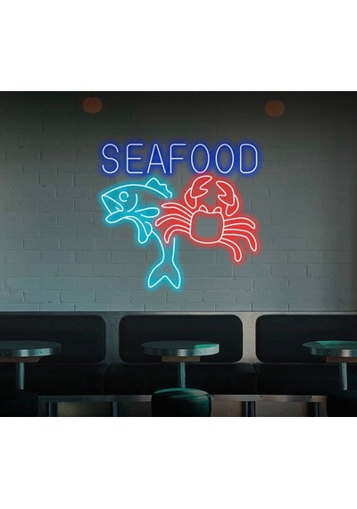 Seafood Yazılı Ve Şekilli Neon Tabela Mavi