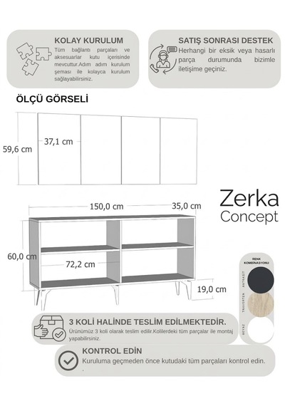 Vento Lazer Desenli Konsol Tv Sehpası Çok Amaçlı Dolap 150 Cm Antrasit- Altın
