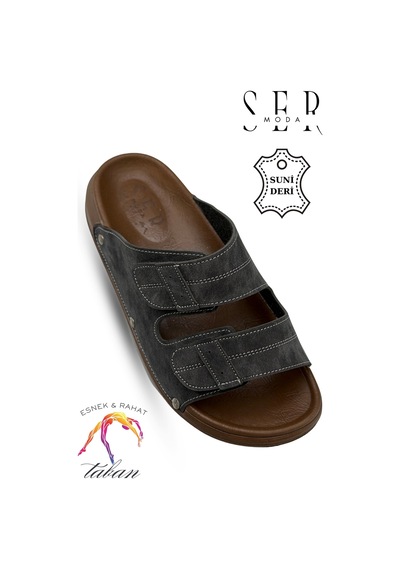 Sermoda Erkek Terlik - Çift Toka Ayarlanabilir Esnek Taban Deri Erkek Terlik C Füme